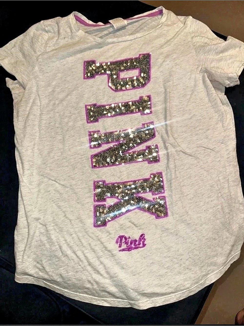 Victoria's Secret PINK Sequin Graphic Tee in Gray & Purple Size Large